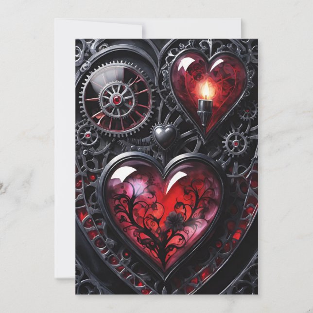 Gothic Steampunk Valentine Red & Black Gear Hearts Julkort (Framsida)