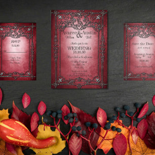 Gothic Stil Mörk Burgundy Silver Ram Bröllop Inbjudningar