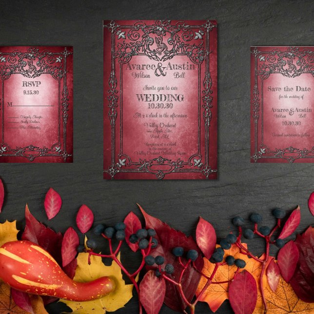 Gothic Stil Mörk Burgundy Silver Ram Bröllop Inbjudningar (Skapare uppladdad)
