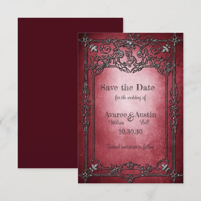 Gothic Stil Mörk Burgundy Silver Ram Bröllop Spara Datumet (Fram/baksida)
