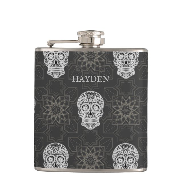 Gothic Sugar Skull and Grey Geometric Personalised Fickplunta (Framsidan)