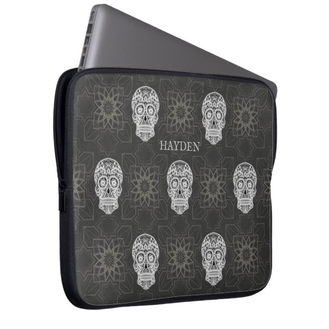 Gothic Sugar Skull and Grey Geometric Personalised Laptop Fodral (Framsidan Höger)