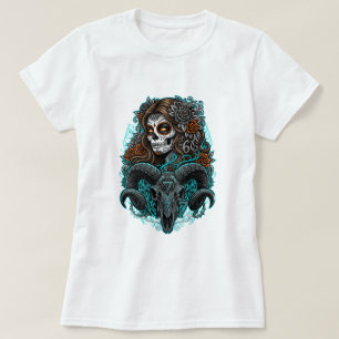 Gothic Sugar Skull Kvinna & Ram Skull T-Shirt - Da