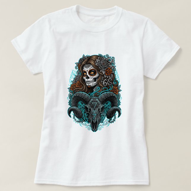 Gothic Sugar Skull Kvinna & Ram Skull T-Shirt - Da (Design framsida)