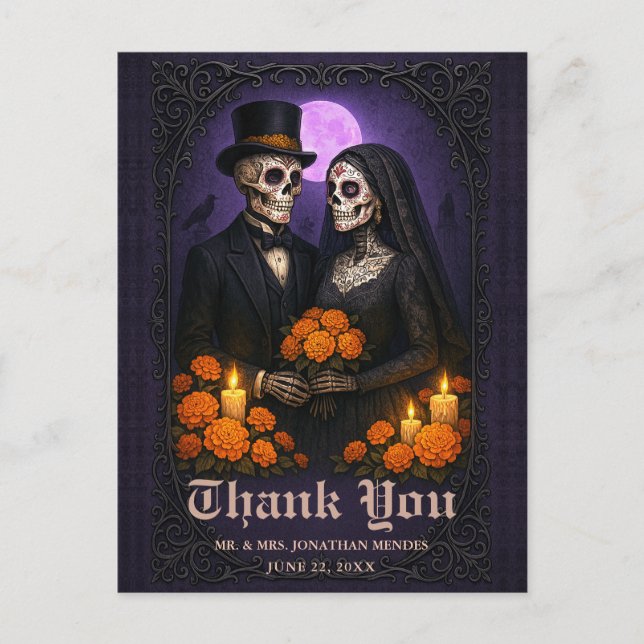Gothic Sugar Skull Par Wedding Tacksamhetskort Vykort (Framsida)