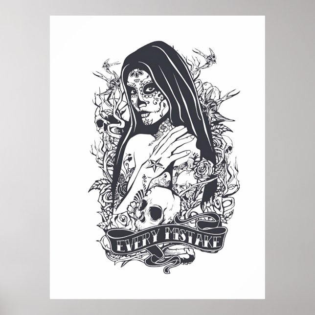 Gothic Sugar Skull Woman Tattoo Art Poster (Framsidan)