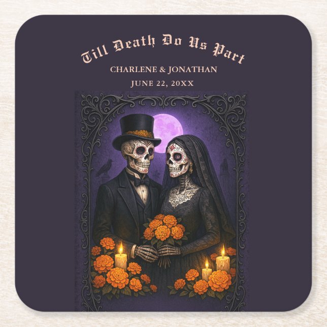 Gothic Sugar Skulls Couple Wedding Underlägg Papper Kvadrat (Framsidan)