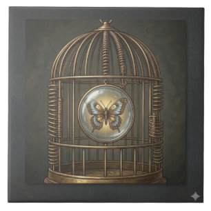 Gothic Surrealism Fjäril Fågelbur Fin Konst Kakelplatta
