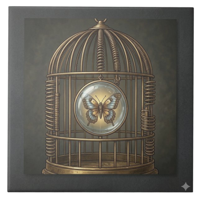Gothic Surrealism Fjäril Fågelbur Fin Konst  Kakelplatta (Framsidan)