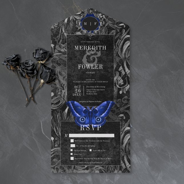 Gothic Svart Blå Filigran Moth Middag Bröllop (Skapare uppladdad)