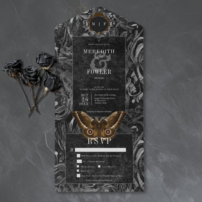 Gothic svart brun filigran fjäril middag bröllop (Gothic Black Brown Filigree Moth Dinner Wedding All In One Invitation)
