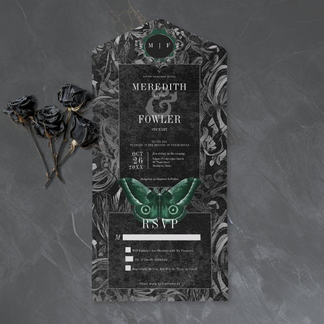 Gothic svart grön filigree fjäril Inget middagsfir (Gothic Black Green Filigree Moth No Dinner Wedding All In One Invitation)