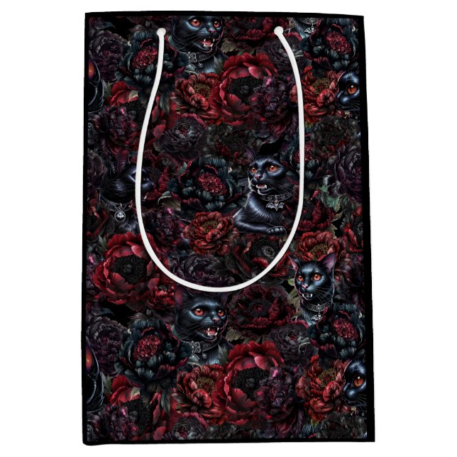 Gothic Svart Katt & Mörka Blommor Mönster  (Framsidan)
