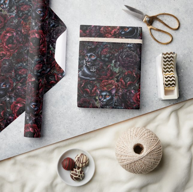 Gothic Svart Katt & Mörka Blommor Mönster  Presentpapper (Hantverk)