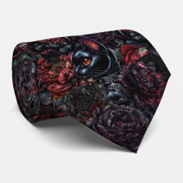 Gothic Svart Katt & Mörka Blommor Mönster Slips
