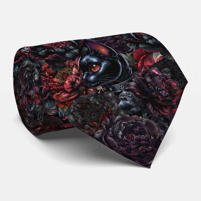 Gothic Svart Katt & Mörka Blommor Mönster  Slips (Rullad)