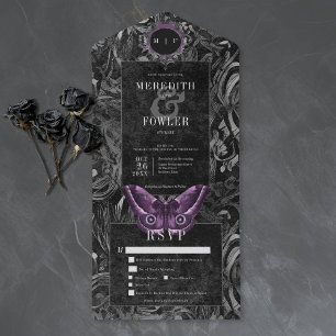 Gothic Svart Lila Filigree Moth Middag Bröllop
