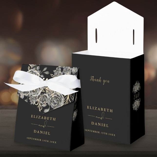 Gothic svart och guld blommig monogram bröllop presentaskar (Gothic Black And Gold Floral Monogram Wedding Favor Box)