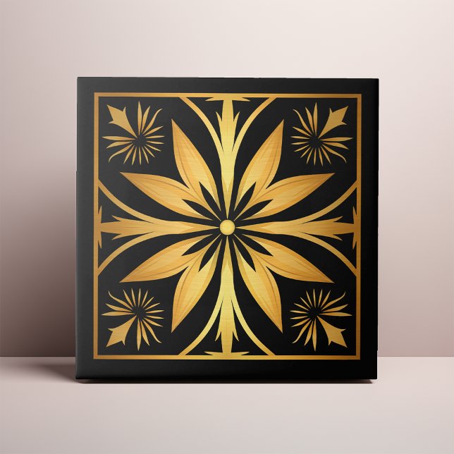 Gothic svart och guld blommig solstrålning kakelplatta (Skapare uppladdad)