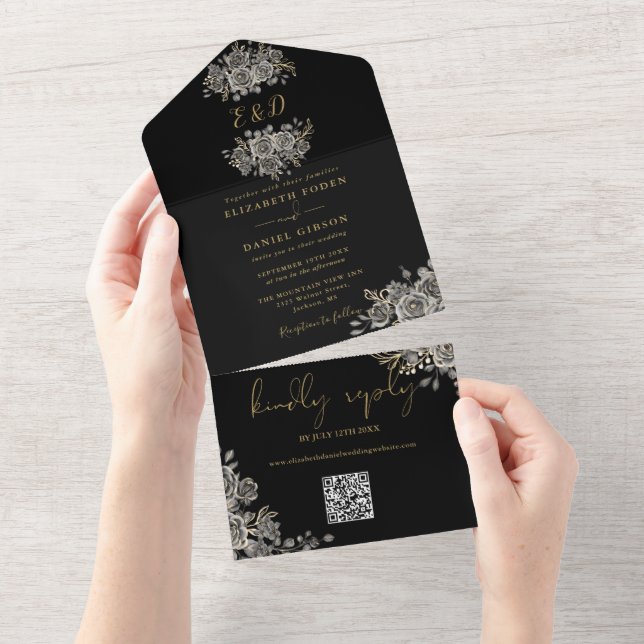 Gothic svart och guld monogram QR-kod bröllop (Tearaway)