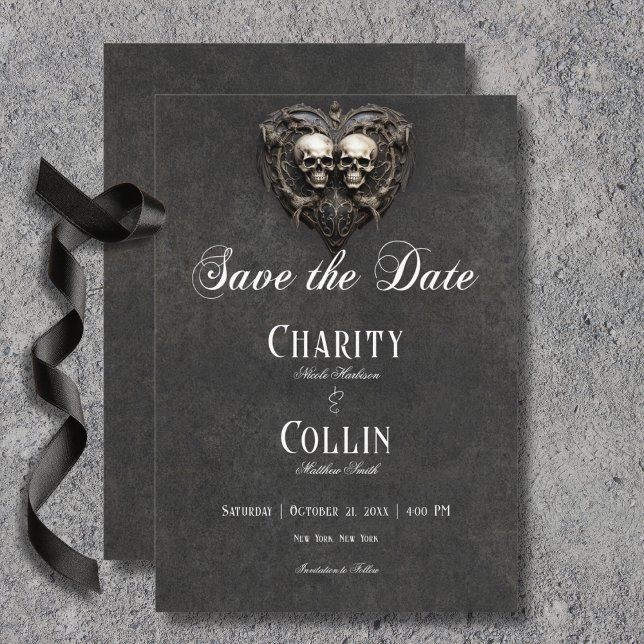 Gothic svart och vit skallar och hjärta bröllop spara datumet (Gothic Black & White Skulls & Heart Wedding Save the Date Card)