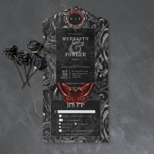 Gothic svart röd filigran fjäril middag bröllop