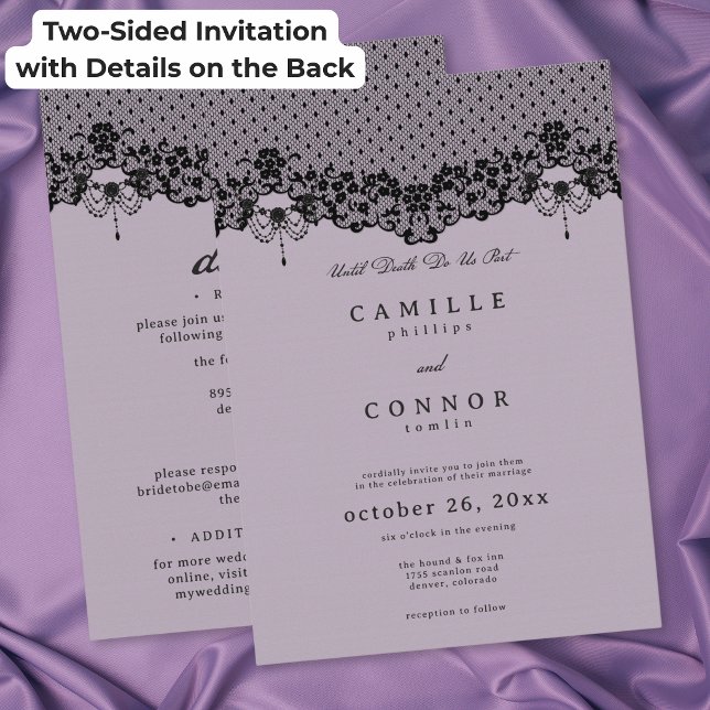 Gothic svart spets lila fram till döden bröllop inbjudningar (Gothic Black Lace Purple Until Death Wedding Two-Sided Invitation)
