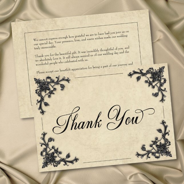 Gothic Svart Tan Pergament Filigran Hjärtbröllop Tack Kort (Gothic Black Tan Parchment Filigree Heart Wedding Thank You Card)