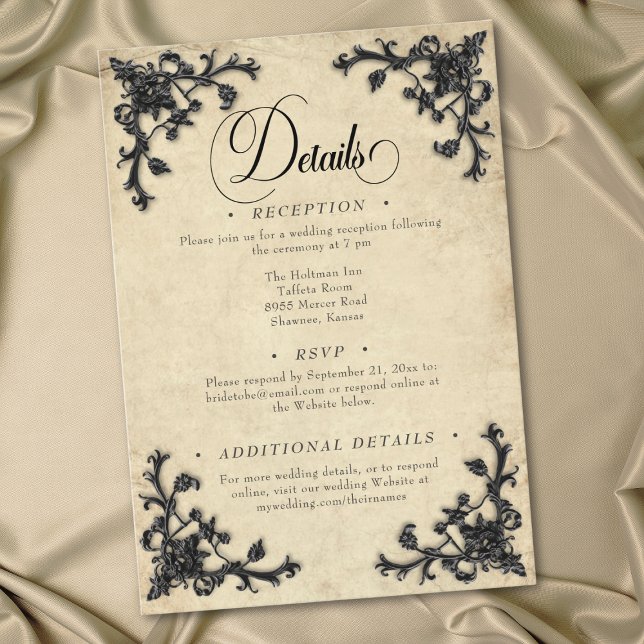 Gothic Svart Tan Pergament Filigran Hjärtbröllop Tilläggskort (Gothic Black Tan Parchment Filigree Heart Wedding Enclosure Card)