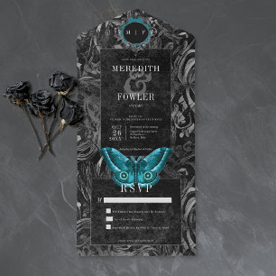 Gothic svart teal broderad Moth Inget middagsfiran