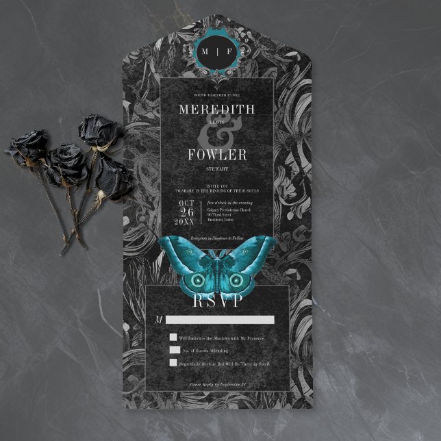 Gothic svart teal broderad Moth Inget middagsfiran (Skapare uppladdad)
