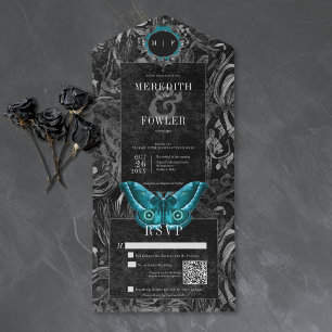 Gothic svart teal broderad Moth QR-kod Bröllop