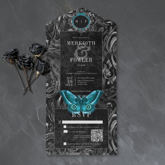 Gothic svart teal broderad Moth QR-kod Bröllop (Skapare uppladdad)