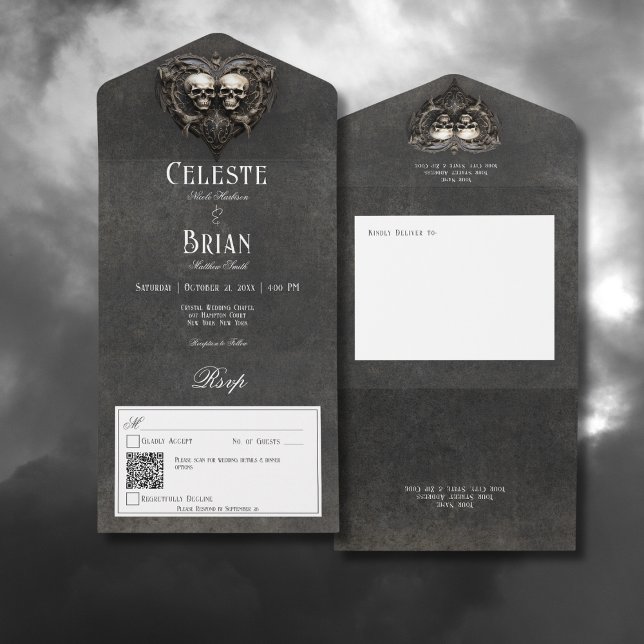 Gothic Svart & Vitt Dödskallar & QR-kod för hjärta (Gothic Black & White Skulls & Heart All In One Wedding Invitation with QR Code)