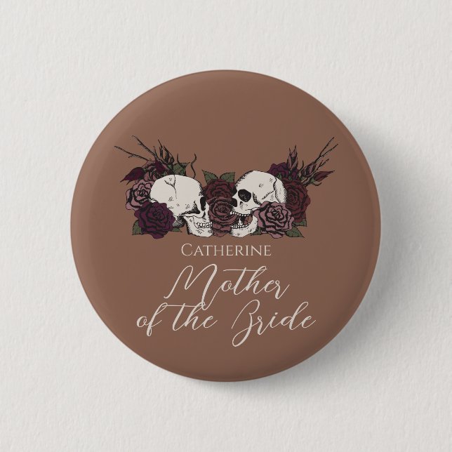 Gothic Tan Brown Skull & Rose Wedding Party Knapp (Framsida)