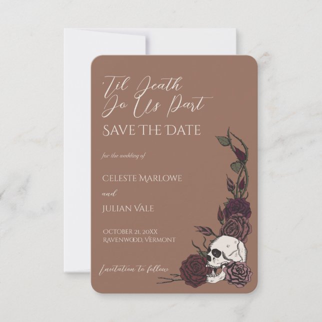Gothic Tan Brun Dödskalle Til Death Save the Date Spara Datumet (Framsida)
