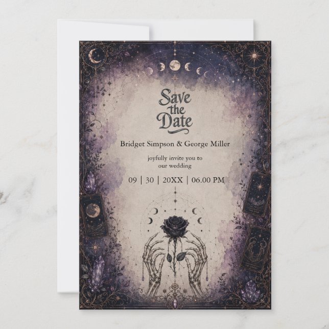 Gothic Tarot Moon Rose Skeleton Bröllop  Inbjudningar (Framsida)