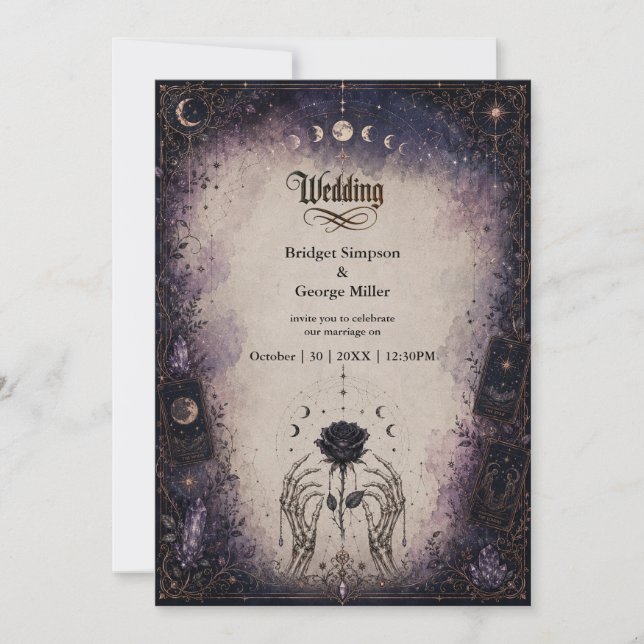 Gothic Tarot Moon Rose Skeleton Bröllop  Inbjudningar (Framsida)