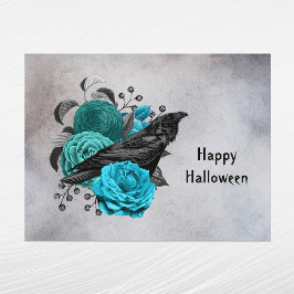 Gothic Teal Blommigt Kråka Halloween Helg Vykort