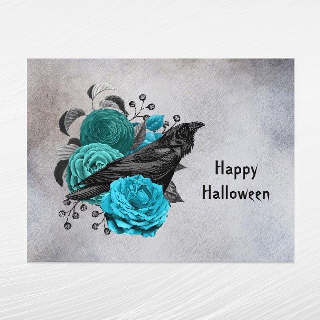 Gothic Teal Blommigt Kråka Halloween Helg Vykort (Skapare uppladdad)