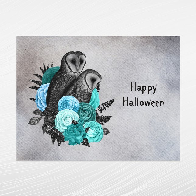 Gothic Teal Blommigt Uggla Halloween Helg Vykort (Skapare uppladdad)