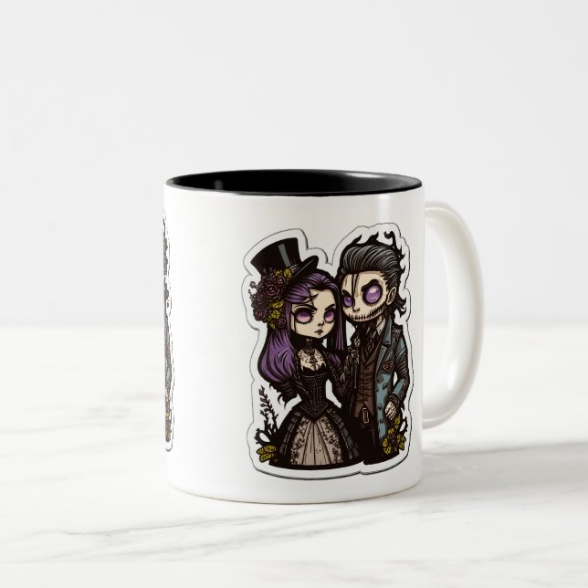 Gothic Tecknad Couple Sticker Art Two-Tone Mugg, 1 Två-Tonad Mugg (Framsida höger)