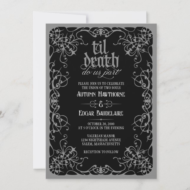 Gothic Til Death Grå Svart Bröllopsinbjudan Inbjudningar (Framsida)