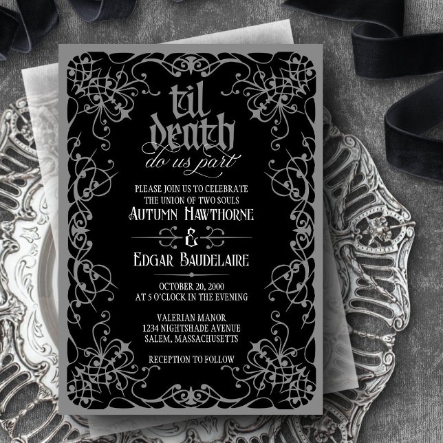 Gothic Til Death Grå Svart Bröllopsinbjudan Inbjudningar (Skapare uppladdad)