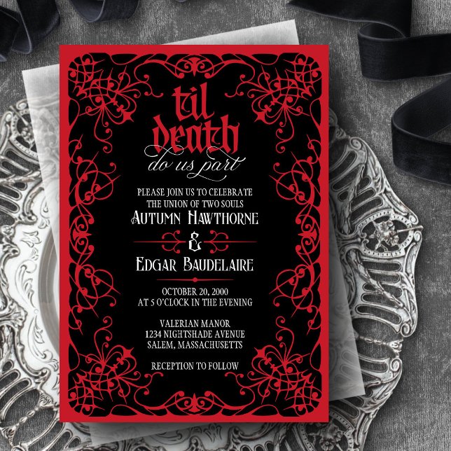 Gothic Til Death Röd Svart Bröllopsinbjudan Inbjudningar (Skapare uppladdad)