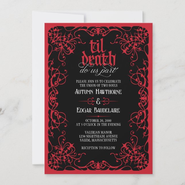 Gothic Til Death Röd Svart Bröllopsinbjudan Inbjudningar (Framsida)