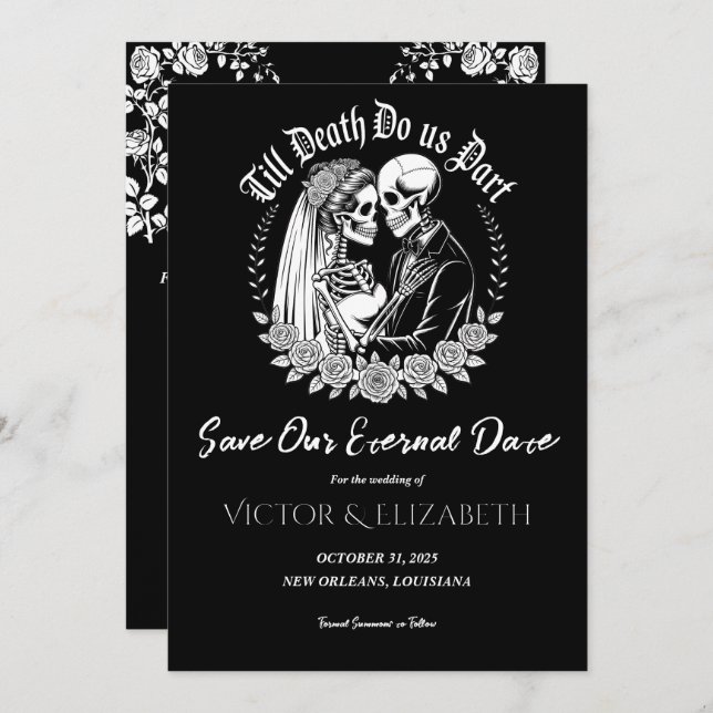 Gothic Till Death Black Elegant Skeleton Bröllop Spara Datumet (Fram/baksida)