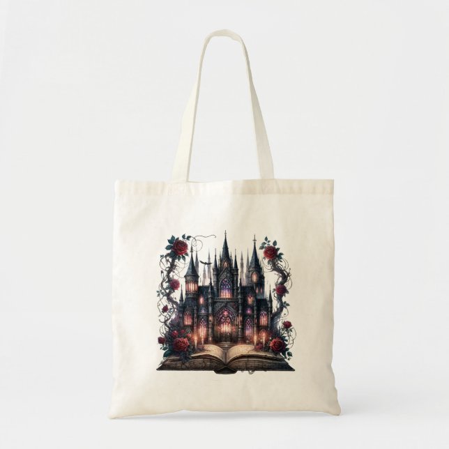 Gothic Tote Bag med Open Bok, Castle & Ro Tygkasse (Framsidan)