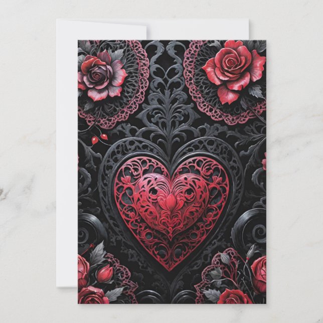 Gothic Valentine Red & Black Hearts & Roses Julkort (Framsida)