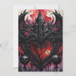 Gothic Valentine Red Hearts Black Castle Julkort